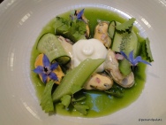 mussels with cucumber, eggplant sauce and sour cream foam